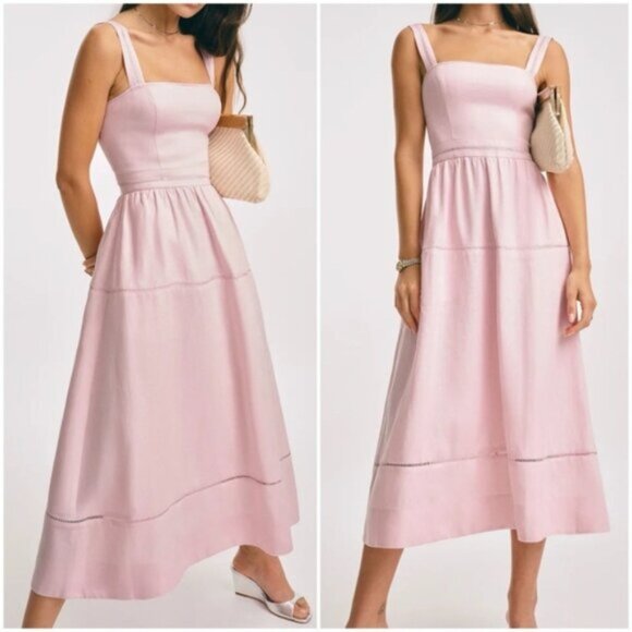 NEW Reformation Everett Linen Midi Dress Cherry Blossom Light Pink | US 0 UK 4 - Picture 1 of 14